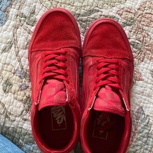 Vans red sneakers with checkered sides and tongue.  Size 5 mens/ 6.5 womens